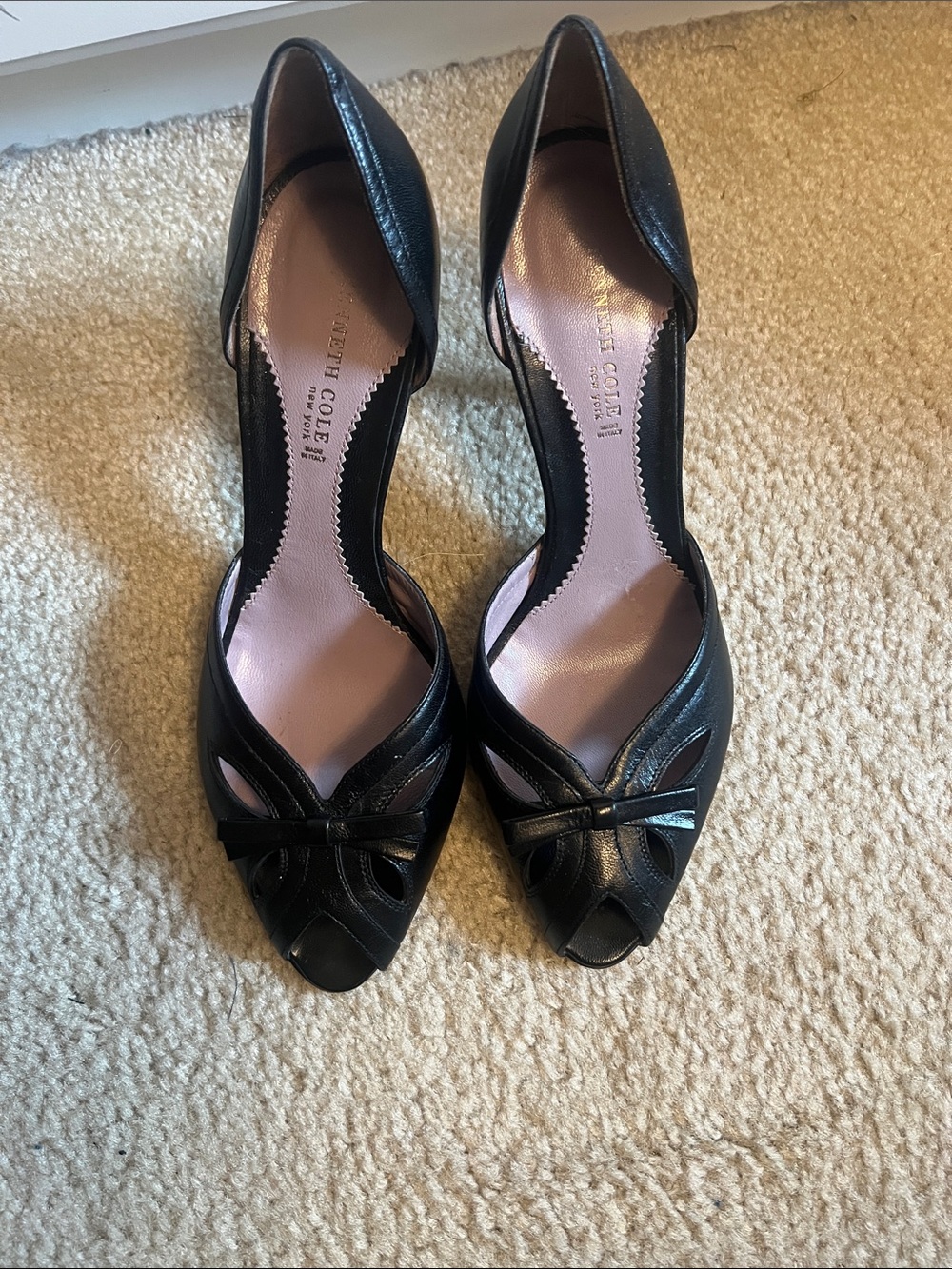 Kenneth Cole Black Leather Peep-Toe D'Orsay Heels with Bow